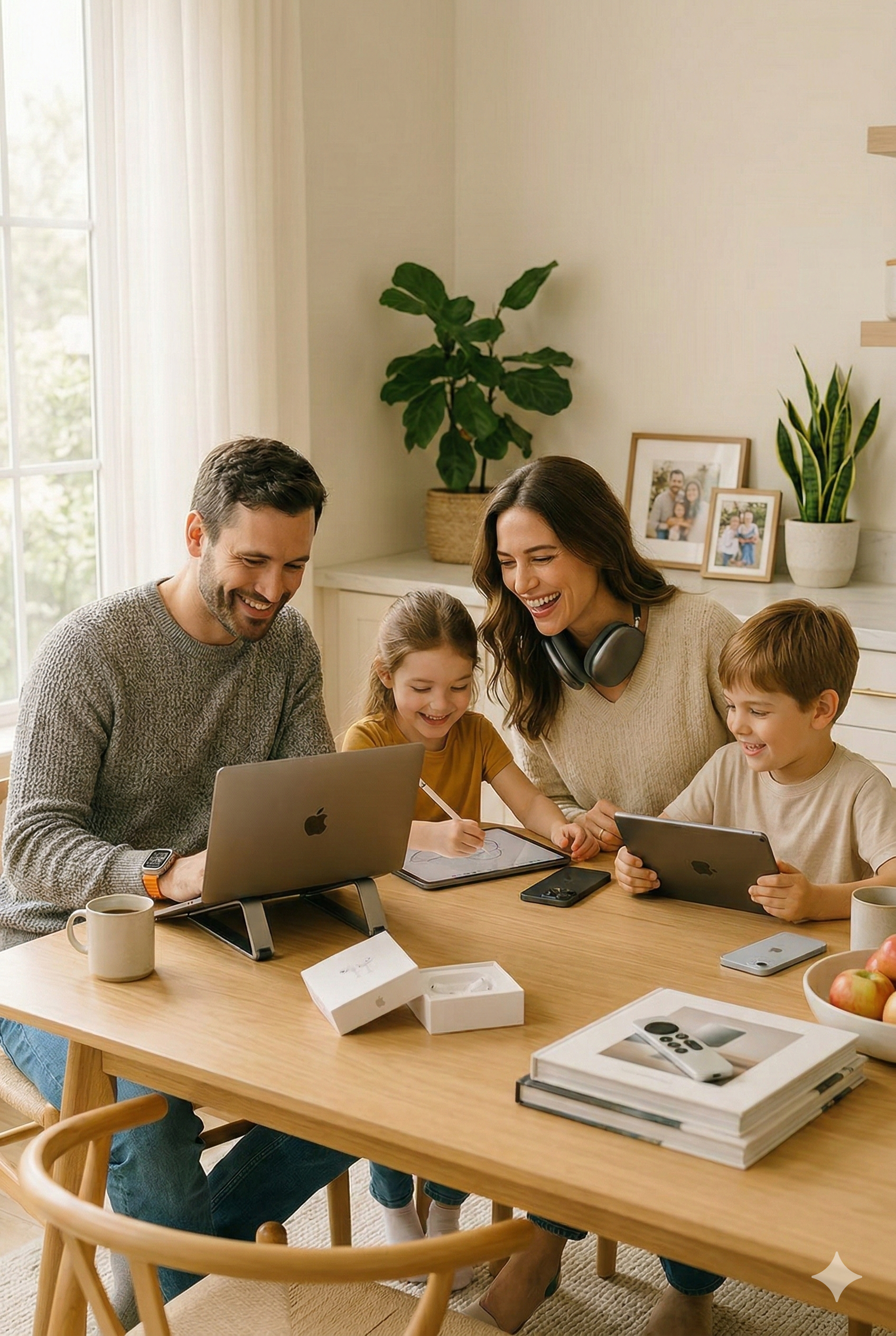 Família feliz usando produtos Apple
